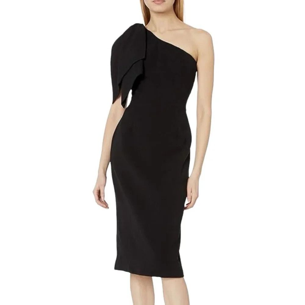 Dress The Population Tiffany Dress Medium Black One Shoulder Midi Sheath Formal